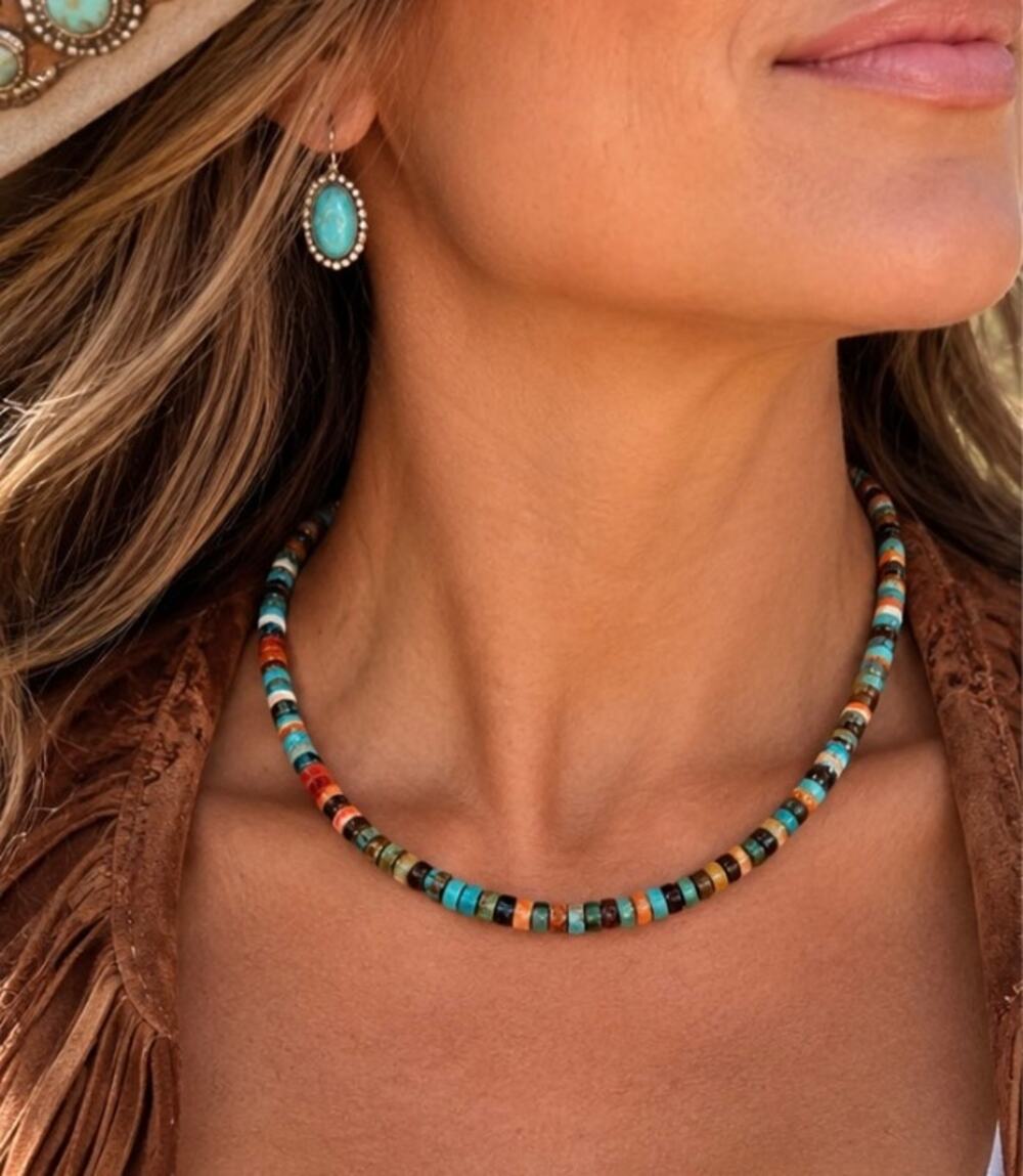 Spiny Oyster and Turquoise Heishi Necklace 16" Western Style